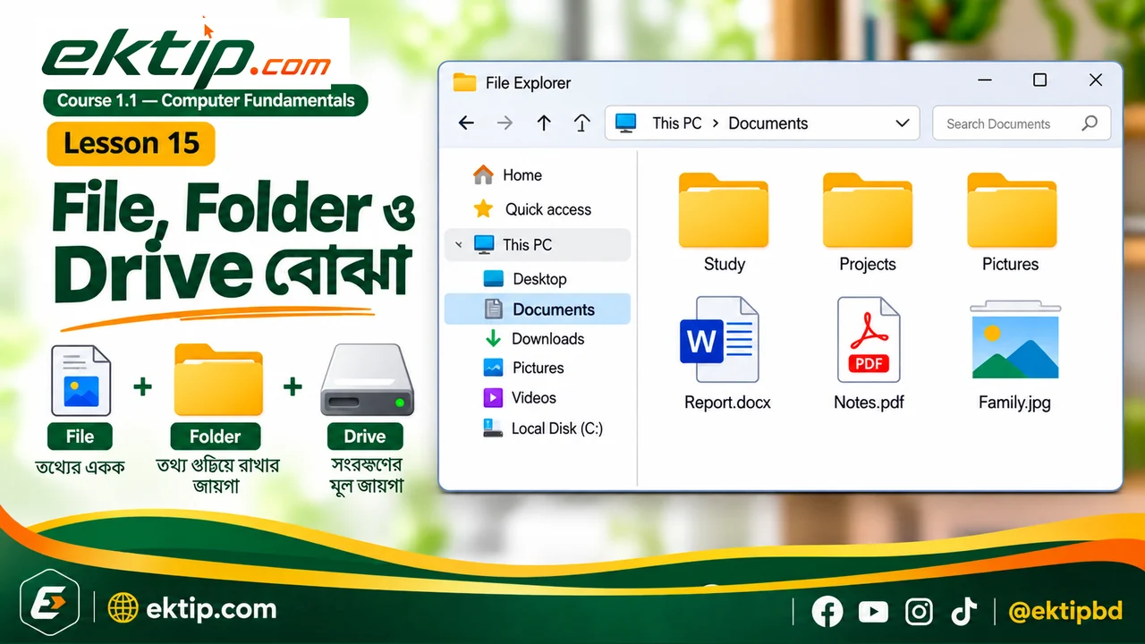 কম্পিউটারে ফাইল, ফোল্ডার ও ড্রাইভের পার্থক্য এবং ড্রাইভ থেকে ফোল্ডার ও ফাইলের সংরক্ষণ কাঠামো