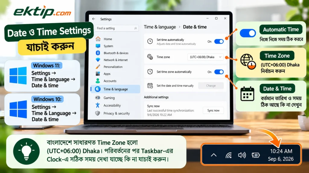 Date ও Time Settings যাচাই করুন