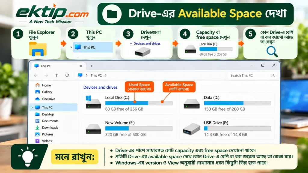 Drive-এর Available Space দেখা