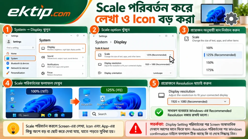 Scale পরিবর্তন করে লেখা ও Icon বড় করা