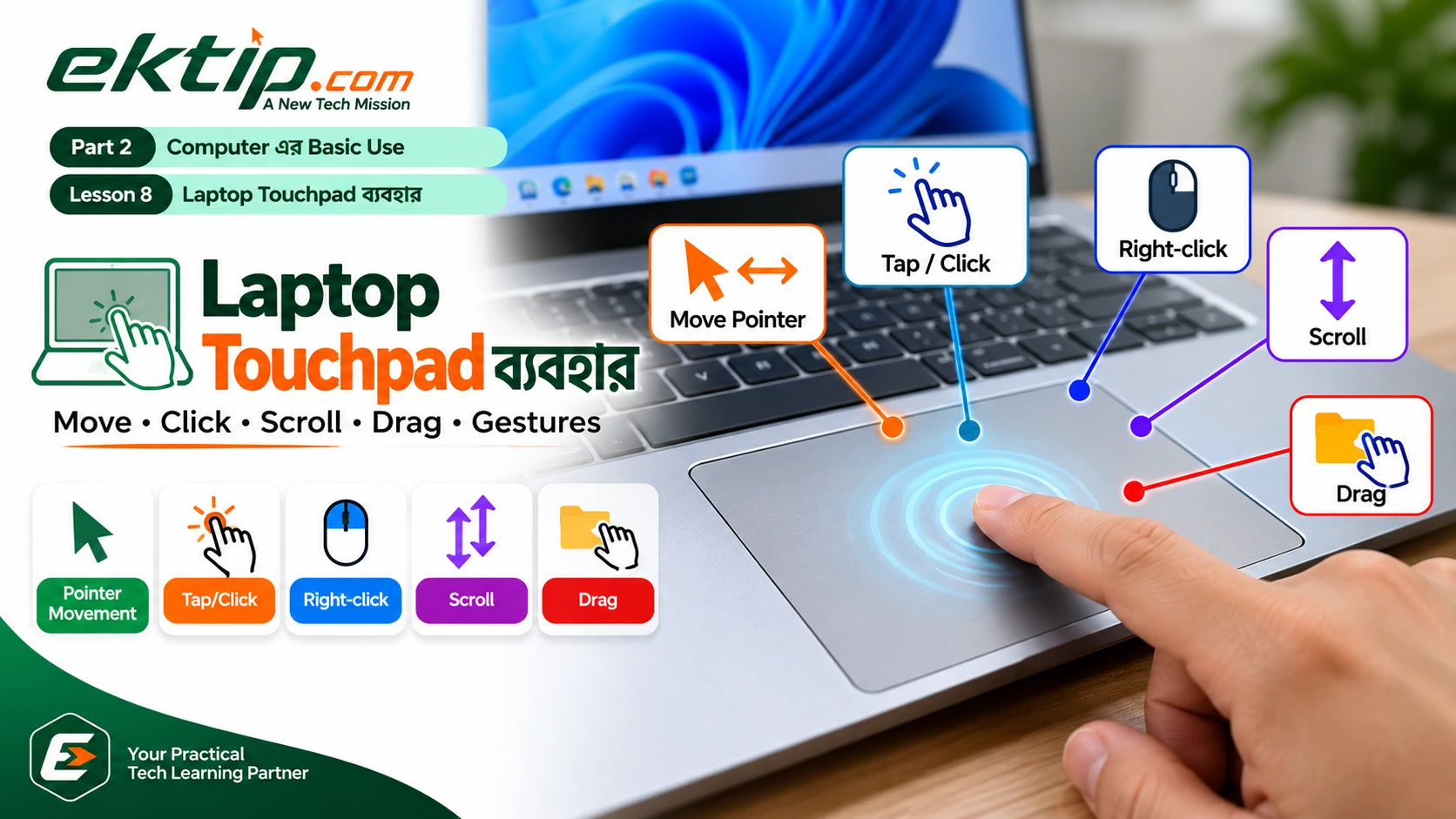 Laptop Touchpad ব্যবহার এবং common touchpad actions শেখা